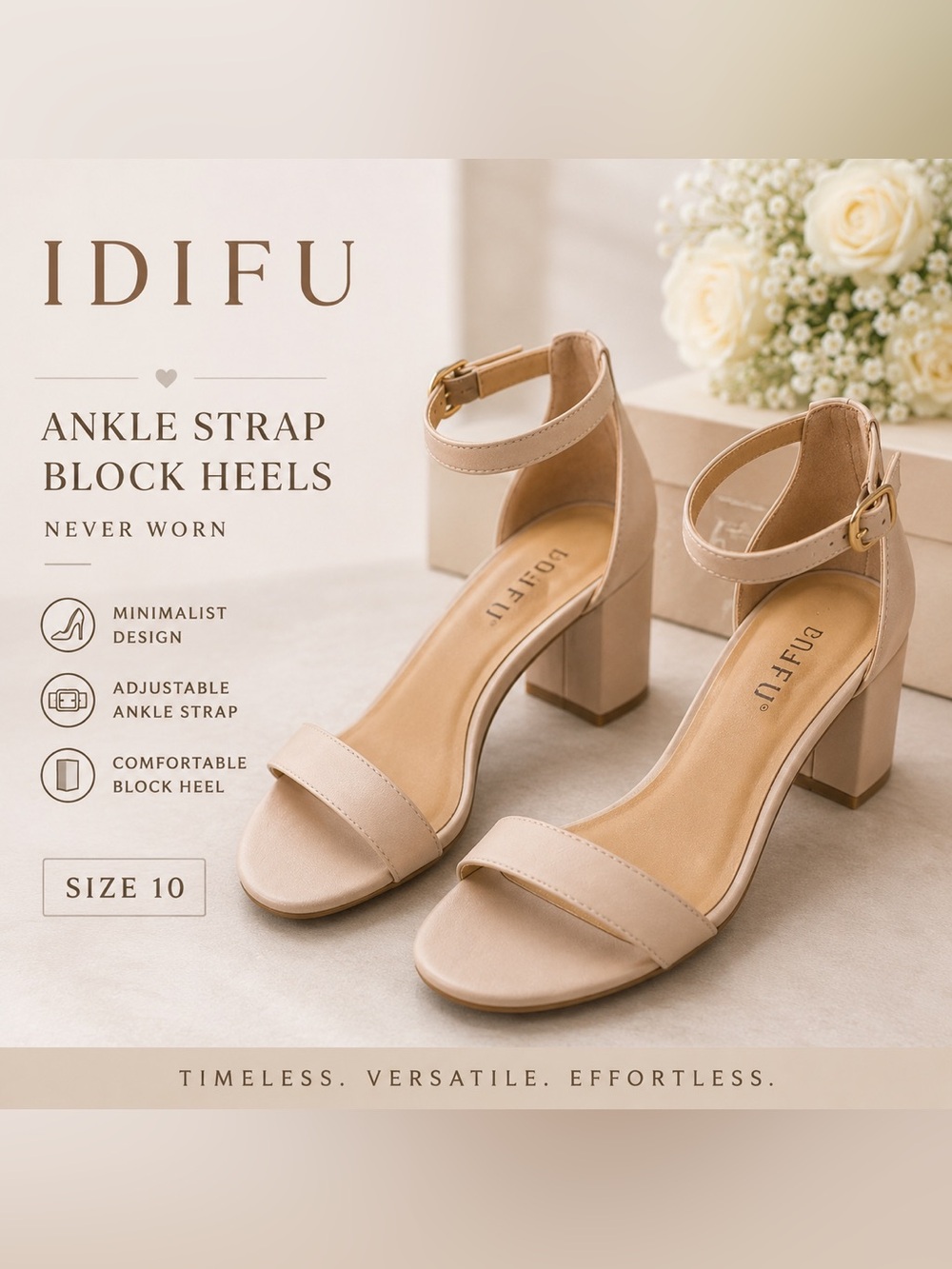 IDIFU Beige Ankle Strap Block Heels